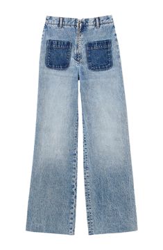 High-waisted denim jeans with wide legs and front patch pockets in a contrasting wash. Sandro Women's high-waisted jeans Wide legs Patch pockets on front and back Contrast front pockets Belt loops Zipped front fastening The model is 5'9 tall and wears a size 4 Wide Leg Flare Jeans With Pockets, Medium Wash Wide Leg Jeans With Contrast Stitching, Wide Leg Jeans With Contrast Stitching In Medium Wash, Denim Blue Wide Leg Jeans With Welt Pockets, Wide Leg Jeans With Welt Pockets In Denim Blue, Wide Leg Denim Blue Jeans With Welt Pockets, Wide Leg Cotton Flare Jeans With Patch Pockets, High Waist Rigid Denim Bottoms With Contrast Stitching, High-waisted Rigid Denim Bottoms With Contrast Stitching