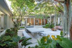 an outdoor dining area with benches and plants in the foreground, surrounded by trees