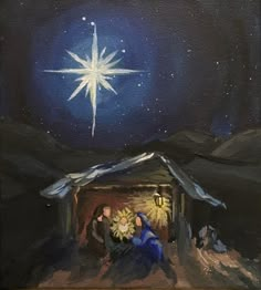 a painting of a nativity scene with the birth of jesus