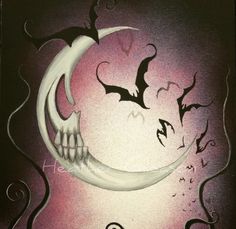 a painting of a half moon with bats flying around it