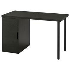 an office desk with black legs and a cabinet on one side, against a white background