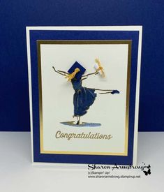 a congratulations card with a blue dress and gold accents