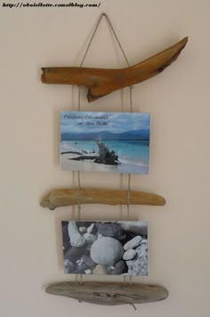 two pictures hanging on a wall next to a surfboard and a wooden board with rope