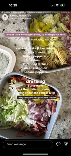 two bowls filled with food sitting on top of a counter next to an iphone screen