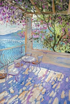 an oil painting of a table and chairs on a porch overlooking the water with trees in bloom