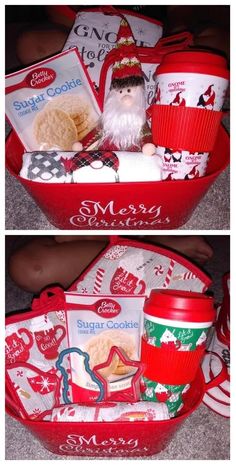 two pictures of santa's breakfast basket with cookies, coffee cups and other items