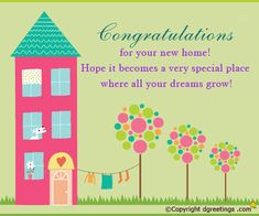 congratulations card with a pink house and trees