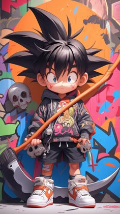 an anime character with black hair holding a bow and two skulls on the wall behind him