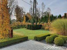 an outdoor garden with hedges and trees in the background, surrounded by brick pavers