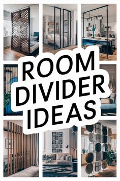 Room dividers with various designs and styles displayed in different rooms. Text reads "Room Divider Ideas". Ideas To Split A Bedroom, Temporary Room Divider Ideas, Room Divider Curtain Ideas, Small Room Divider Ideas, Shared Room Divider Ideas, Room Separator Ideas, Room Divider Ideas Bedroom, Living Room Separator Ideas, Creative Room Dividers