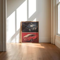 an old car poster is on the floor in front of a window with sunlight streaming through it