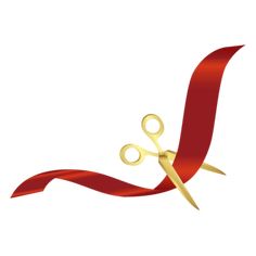 a pair of scissors cutting red ribbon with gold handles on a white background, illustration