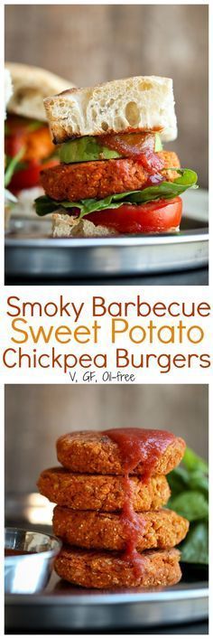 two pictures of sandwiches stacked on top of each other with the words smoky barbecue sweet potato chickpea burgers