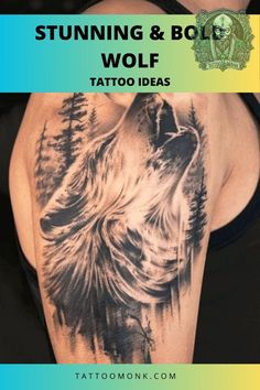 a wolf tattoo on the back of a woman's arm with trees and mountains in the background