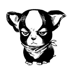 a black and white drawing of a small dog with big eyes on it's head