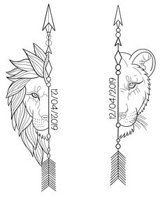 the head of a lion with an arrow tattoo design on it's forehead and back