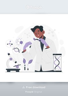 a man in white lab coat and purple gloves is working on a science experiment with the words freepik