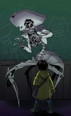 a person standing in front of a skeleton