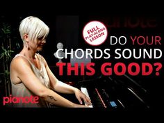 a woman sitting at a piano with the words do your chords sound this good?