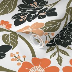 an orange and black floral wallpaper with leaves on white background, closeup view