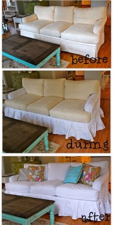 before and after photos of a white couch with blue trim on the bottom, from left to right