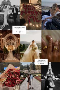 a collage of wedding photos with the words marry me written on them