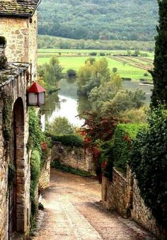 an alley way leading to a river in the countryside