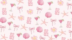 a pink wallpaper with teddy bears, cocktails and seashells on it