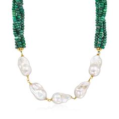 Ross-Simons - 24x13mm Cultured Baroque Pearl, 190.00ct t. w. Emerald Bead Necklace Over Sterling. 18". Our unique necklace is perfect for those who prefer a more eclectic pearl look. Organically shaped 24x13mm cultured freshwater baroque pearls catch the eye across the front of the neckline, highlighted by rich, twisted strands of 190.00 ct. t. w. rondelle emerald beads along the back. Finishes with 18kt yellow gold over sterling silver and includes a 2" extender. Pearls are unique and may vary. Pearl Look, Colorful Statement Necklace, Emerald Bead, White Pearl Necklace, Baroque Pearl Necklace, Emerald Jewelry, Freshwater Pearl Necklaces, Unique Necklaces, Baroque Pearls