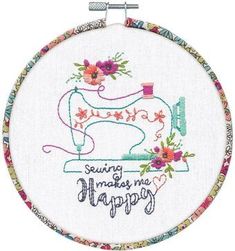 The Sew Happy embroidery design by Dimensions makes a wonderful gift for any seamstress. The fabric-covered hoop is the perfect complement to the stitched design. This package contains presorted thread, printed fabric, 6-inch fabric-covered bamboo hoop, needle, and instructions. Finished size: 6 inch diameter. Design: Sew Happy.