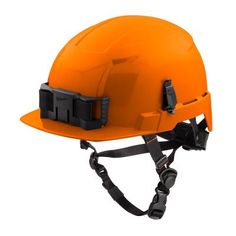 an orange hard hat with harnesses on the front and side, against a white background