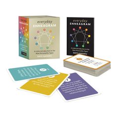 the everyday enneagram card game is shown in three different colors and shapes, including one