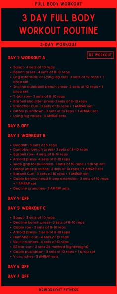 the 3 day full body workout routine is shown in red and black, with instructions for each