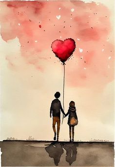 two people holding hands while standing next to each other with a heart shaped balloon attached to them