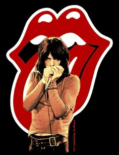 the rolling stones'tongue sticker is shown in front of a black background with red lips