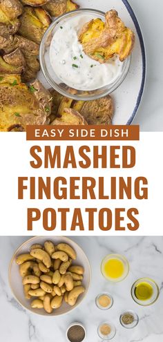 an image of smashed fingerling potatoes on a plate with ranch dressing in the background