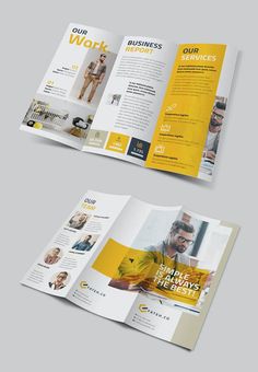 two fold brochure with yellow and gray colors