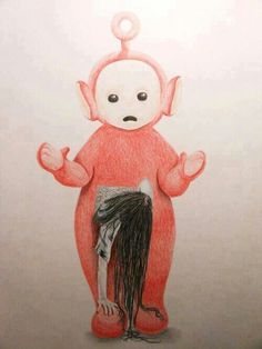 a drawing of a person in a red costume with long black hair and an odd looking face