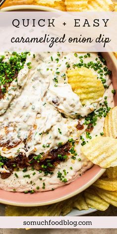 a pink plate topped with potato chips and cream sauce