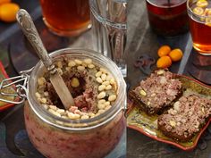 there are two pictures of food and drinks on the same table, one is in a jar