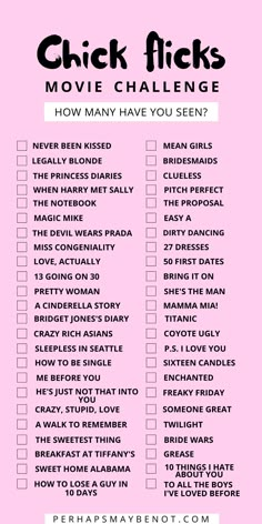 a pink checklist with the words'movie challenge'in black and white on it