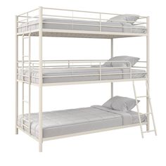 a white bunk bed with two sets of mattresses