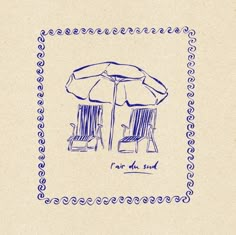 a drawing of two chairs and an umbrella