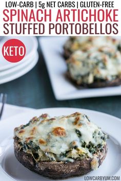 an image of spinach artichoke stuffed potatoes on a plate with text overlay