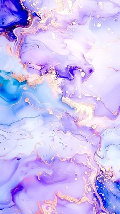 an abstract painting with blue, purple and gold colors