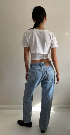 Vintage levi's 505 featuring an allover naturally faded denim.  soft but sturdy denim with no major wear.  lighter fade at thighs.  high waisted zipper fly boyfriend levi's.    1980s levi's 505 made in mexico / paper label regular fit straight leg tagged 34 x 30    waist 31  rise 12.5  hips 45  inseam 30  flat at thigh 12.5 and ankle 8.5    model is 5'10 size 2/4    sh 72 Stonewash Jeans, High Waisted Boyfriend Jeans, Levis 550 Jeans, 501 Jeans, Vintage Studio, Tall Jeans, Fly High, Faded Denim, Boyfriend Style