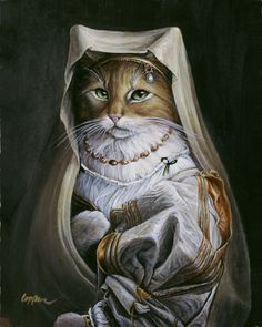 a painting of a cat dressed up like a nun