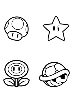 four different types of cartoon characters with one star, mushroom, and other objects in the background