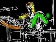 a drawing of a man sitting at a table with a green light in his hand