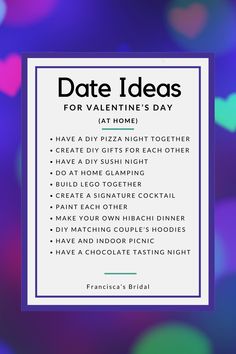 the date ideas for valentine's day are displayed on a purple and blue background